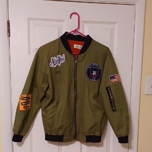 Youliya Sz M, Cotton Twill, Olive Green Bomber Jacket with Patches
